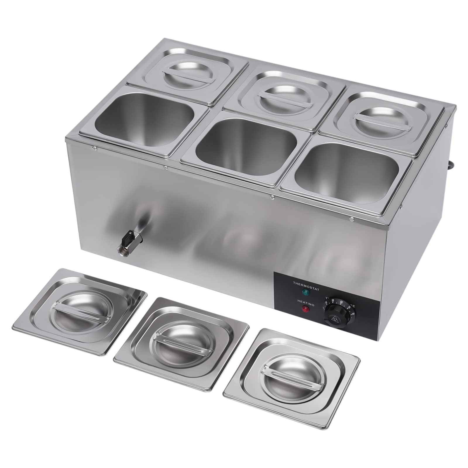 6 Pan Commercial Food Warmer Countertop with Lids, Electric Food Warmer Steam Table, 600W Professional Buffet Servers and Warmers Stainless Steel Buffet Bain Marie with 86-185°F Temp Control