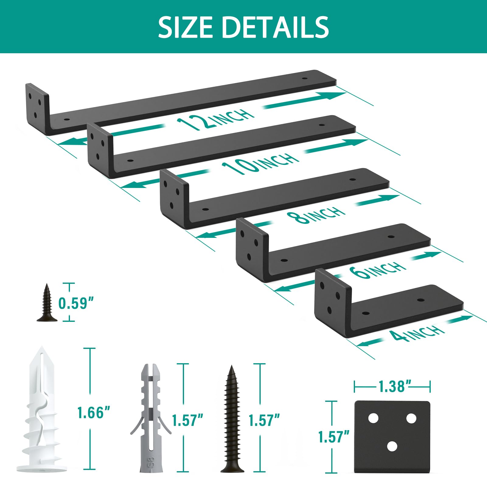 Goovilla Shelf Brackets, Heavy Duty Floating Shelf Bracket 6 Inch for 2×4” Wood Stud, 4 Pack L Brackets for Shelves, Black Metal Wall Shelving Brackets, Shelf Support Brackets, 160 lb. Load Capacity