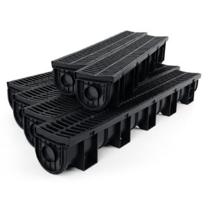 trench drain system, channel drain with plastic grate, 5.9x5.1-inch hdpe drainage trench, black plastic garage and gardendrain, 6x39 trench drain grate, with 6 end caps,convenient assembly（6 pack）