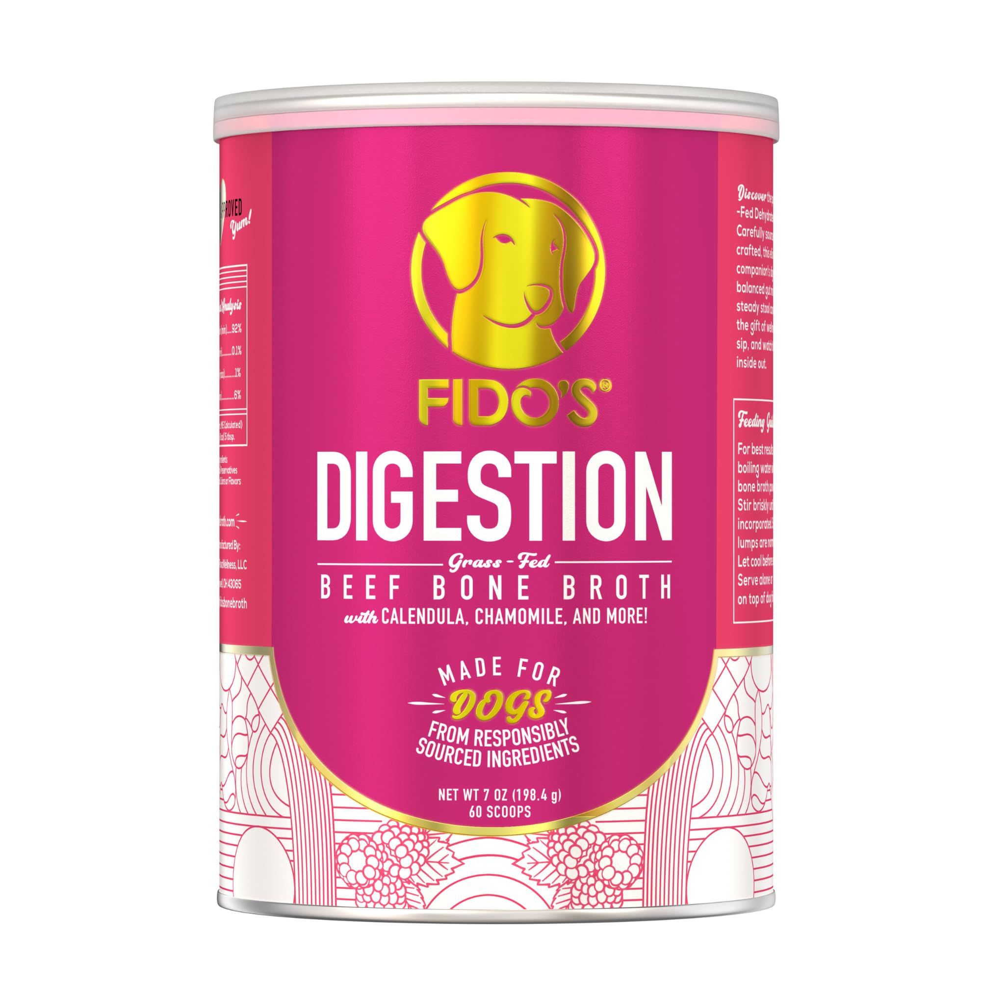 Fido's Digestion Bone Broth for Dogs - Grass-Fed Beef Bone Broth Powder & Organic Herbs - Supports Digestion & Gut Health - Dog Food Topper for Dry Food - 60 Scoops