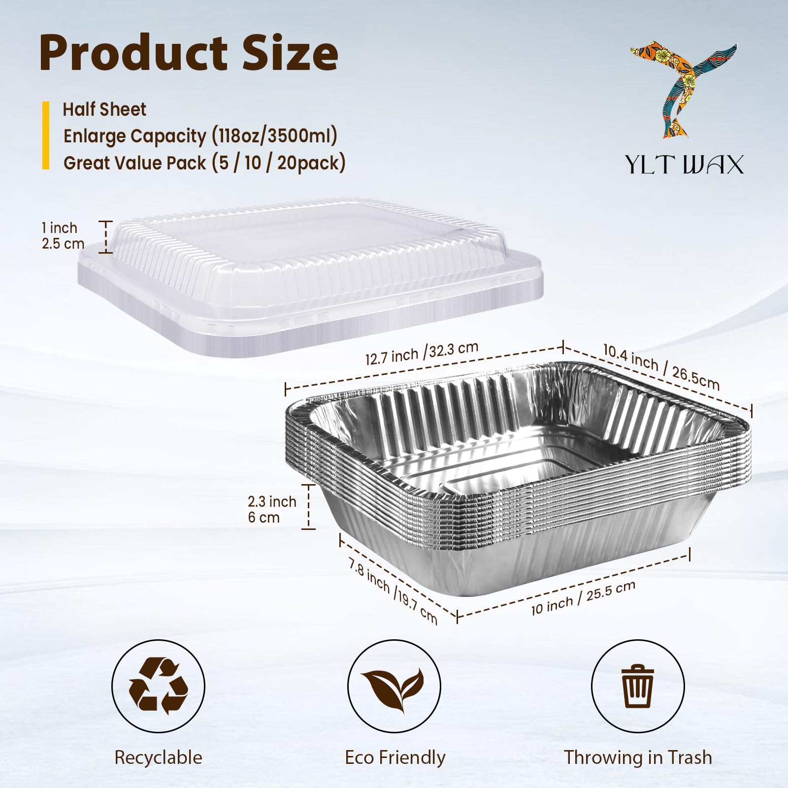 YLT WAX 9x13 Disposable Aluminum Foil Pans With Transparent Lids (10 Pack),Durable Half Size Deep Extra Heavy Duty Disposable Foil Pans For Baking, Cooking, Roasting, Heating or Steam Table