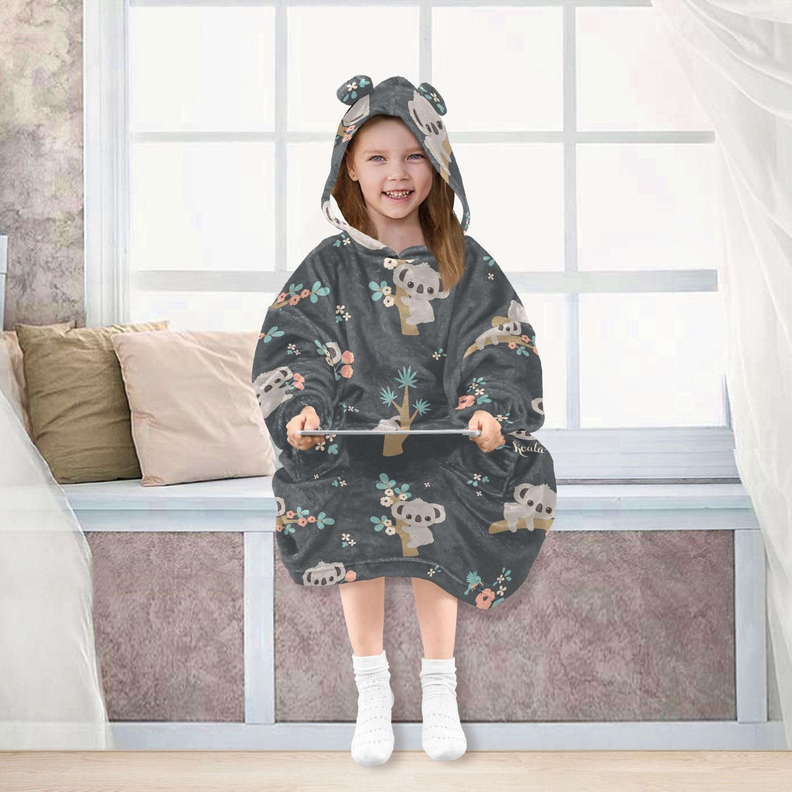 Cute Koala Wearable Blanket Hoodie Cute Koala Hooded Blanket Sweatshirt Comfy Blanket Gifts for Kids Girls,L