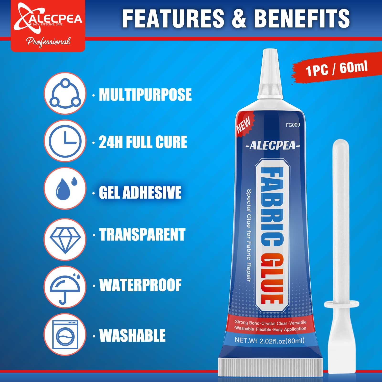 60ML Fabric Glue, Strong Fabric and Leather Adhesive, Waterproof Fabric Glue Permanent Clear Washable for All Fabrics, No Sew Solution, Washer/Dryer Safe