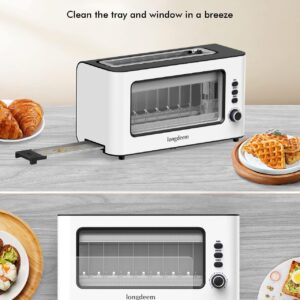 Clear View Toaster, LONGDEEM 1.75'' Extra Long Slot Glass Toasters Stainless Steel 2 Slice with 6 Browning Control for Bagel, Defrost & Auto Shut Off with Removable Crumb Tray, White