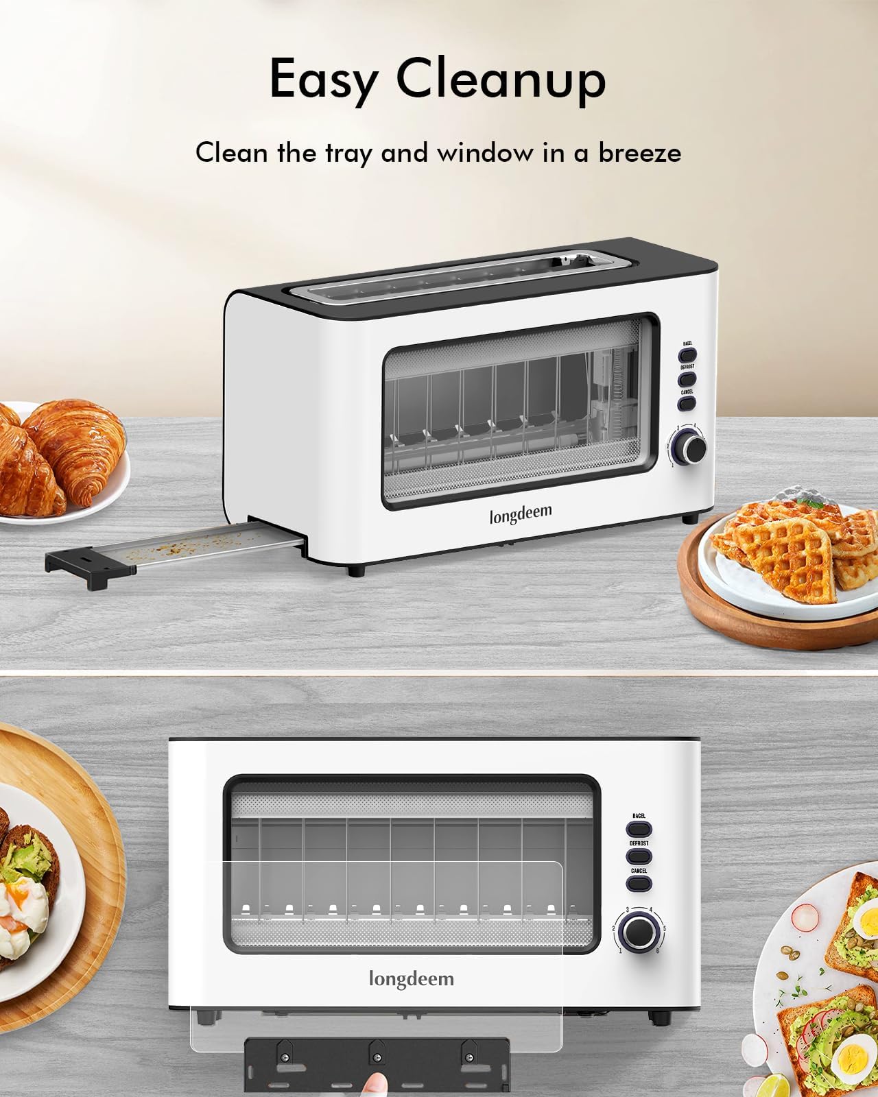 Clear View Toaster, LONGDEEM 1.75'' Extra Long Slot Glass Toasters Stainless Steel 2 Slice with 6 Browning Control for Bagel, Defrost & Auto Shut Off with Removable Crumb Tray, White