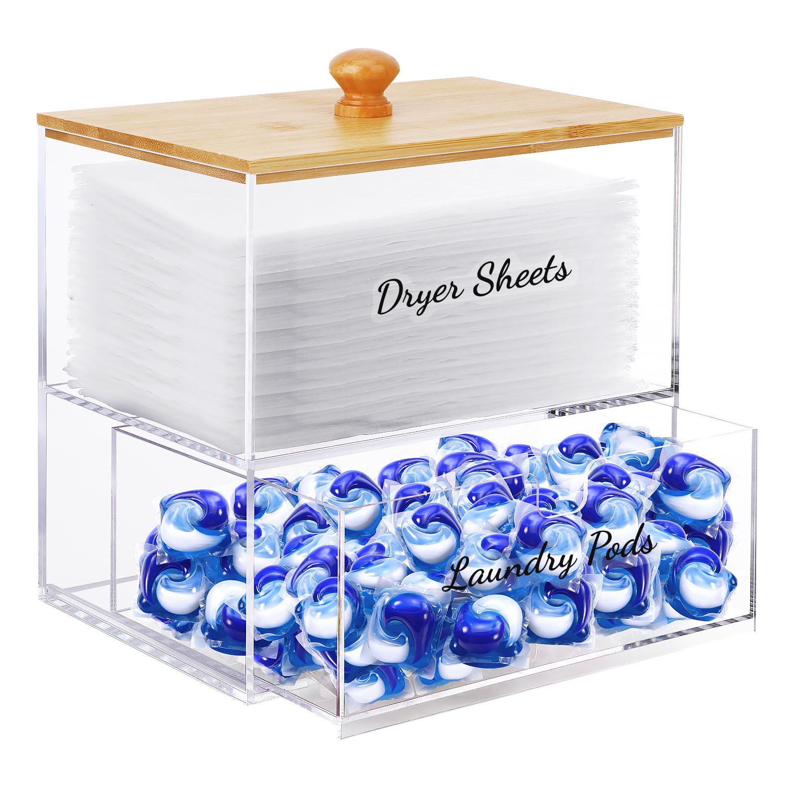 JYPS Acrylic Dryer Sheet Holder with Drawer and Bamboo Lid, Clear Laundry Room Organization and Storage，Dryer Sheet Laundry Pods Containter Box for Laundry Room Decor