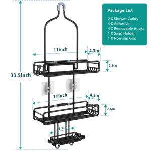 HAMITOR Hanging Shower Caddy Over Head : Adjustable Large Shower Organizer with Soap Holder - Rustproof Bathroom Shelf Shampoo Storage Rack - 4 Movable Hooks for Razor Loofah Black