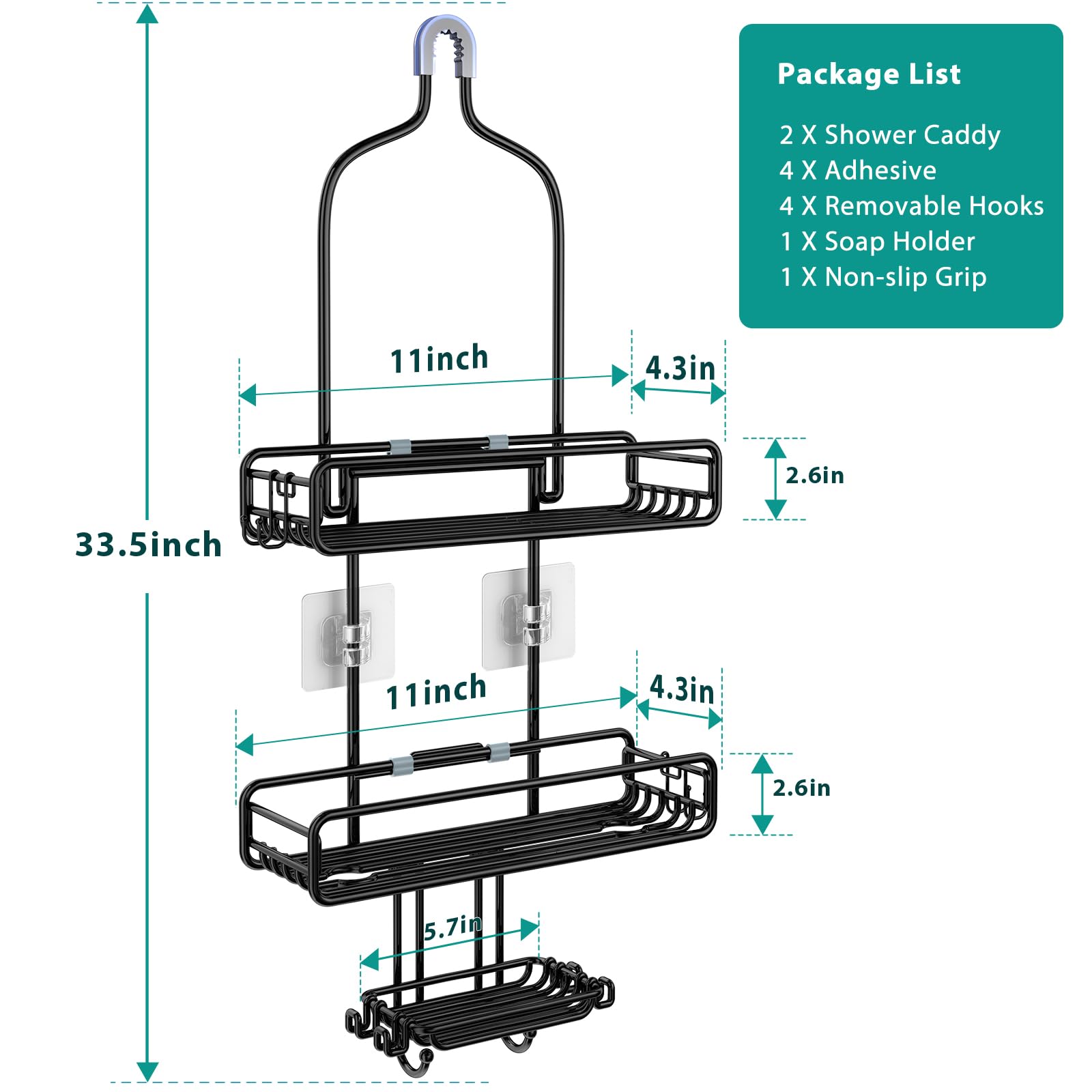 HAMITOR Hanging Shower Caddy Over Head : Adjustable Large Shower Organizer with Soap Holder - Rustproof Bathroom Shelf Shampoo Storage Rack - 4 Movable Hooks for Razor Loofah Black