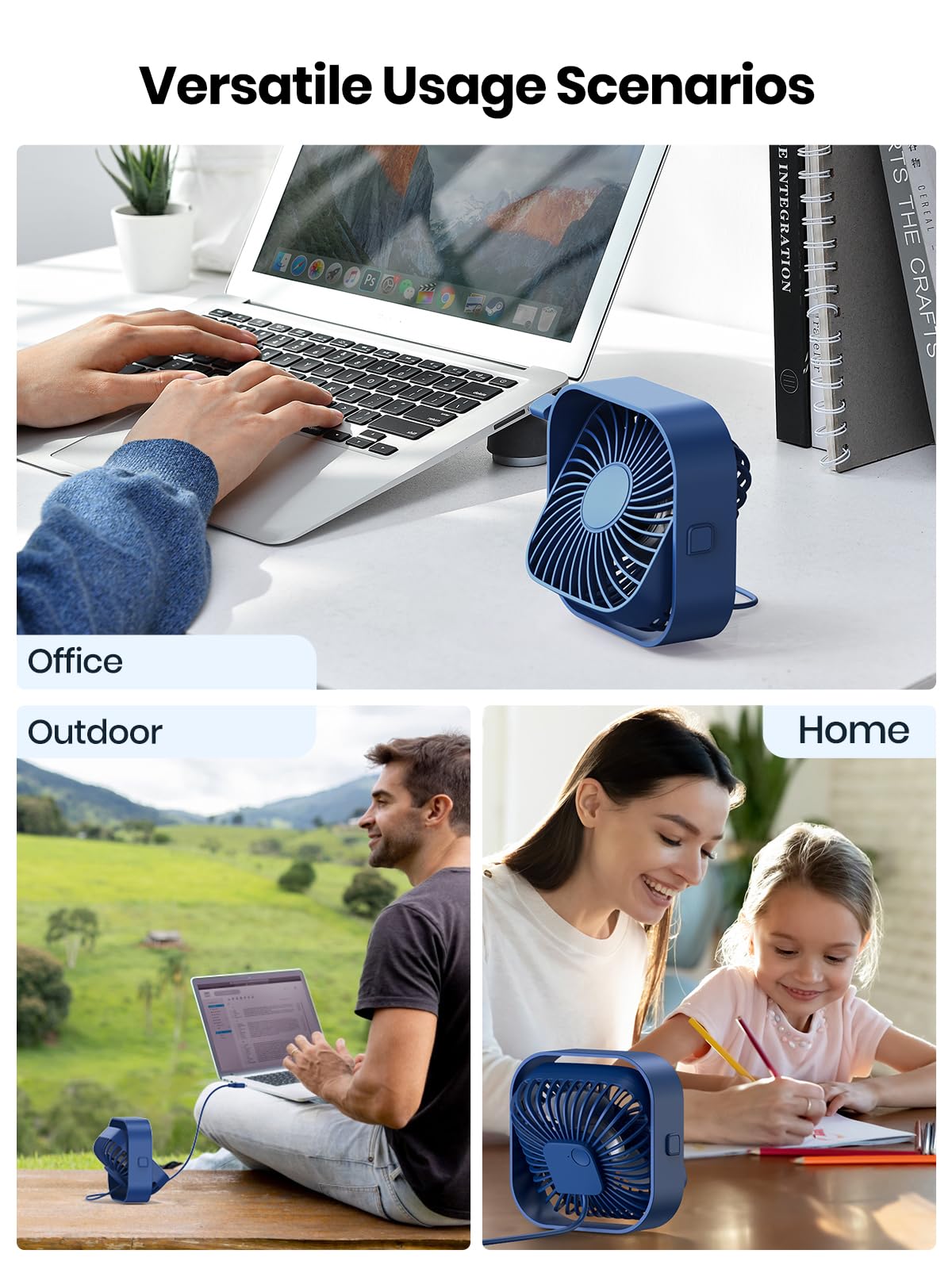 TOPK USB Desk Fan 2Pack Mini Personal Fan Portable, Strong Airflow & Quiet Operation, USB Powered, Three-Speed Wind Small USB Fan for Desk, 360° Rotatable Head for Home Office Table and Desktop Blue