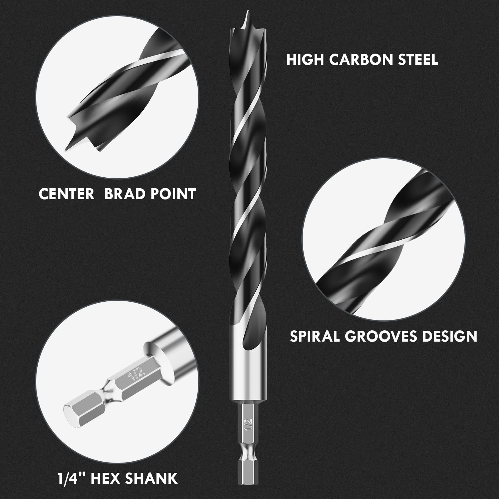 Brad Point Wood Drill Bit Set, 12Pcs Hex Shank Drill Bit Set with Double Flutes Design for Carpenter Woodworking and All Types of Wood (1/8" - 1/2")