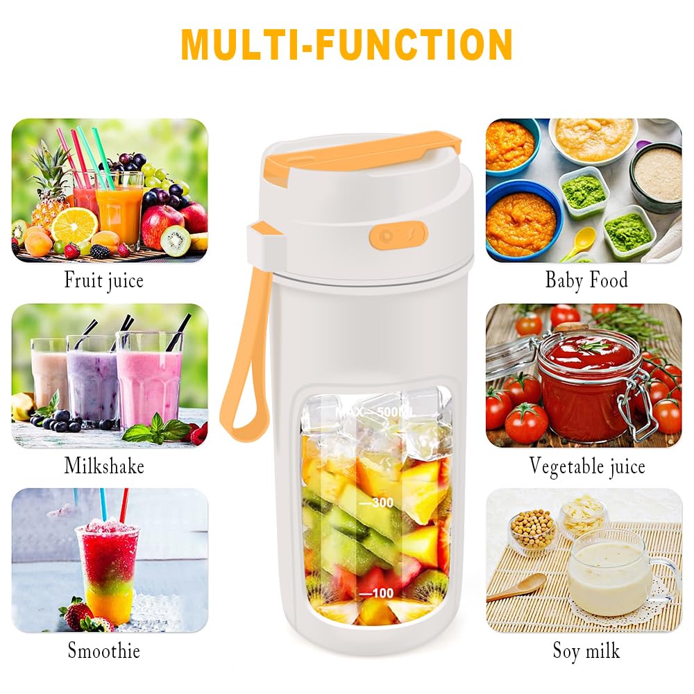 Portable Blender, Personal Blender for Shakes and Smoothies, Updated 10 Blades 500ml large Capacity Smoothie Blender and USB Rechargeable with Straw for Travel,Office and Gym…