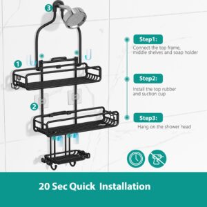 HAMITOR Hanging Shower Caddy Over Head : Adjustable Large Shower Organizer with Soap Holder - Rustproof Bathroom Shelf Shampoo Storage Rack - 4 Movable Hooks for Razor Loofah Black