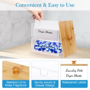 JYPS Acrylic Dryer Sheet Holder with Drawer and Bamboo Lid, Clear Laundry Room Organization and Storage，Dryer Sheet Laundry Pods Containter Box for Laundry Room Decor