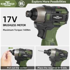 LAZYLAND 17V Brushless Screwdriver, 140Nm Cordless Impact Driver Set with 3 Adjustable Speed, 2 Batteries and Led Work Light