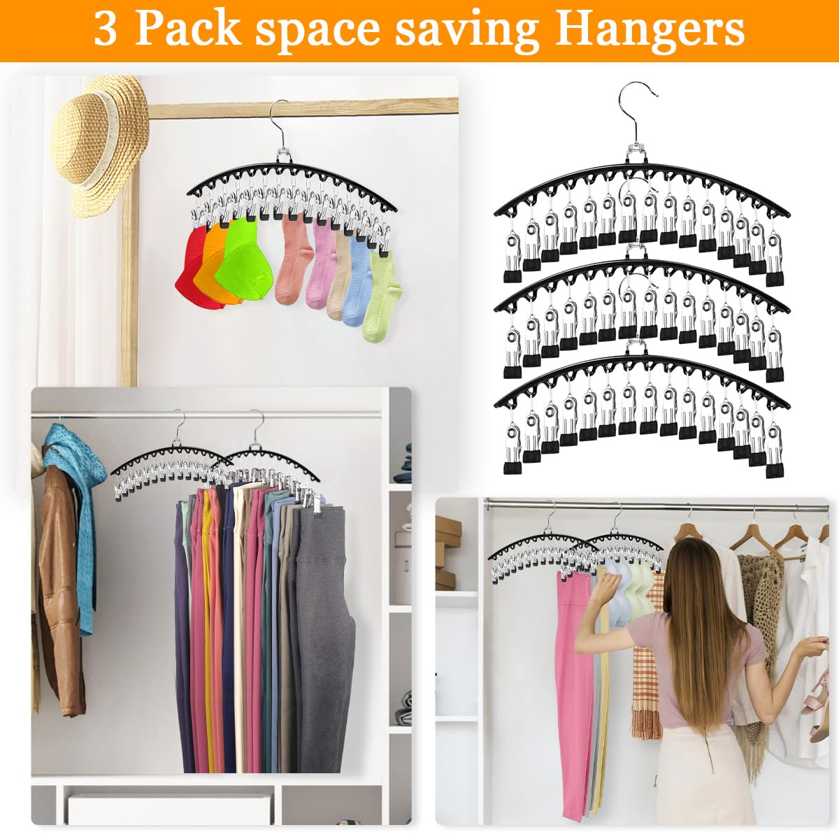 3Pack Legging Organizer for Closet, Metal Yoga Pants Hanger w/Rubber Coated 3 Pack w/15 Clips Hangers Space Saving Closet Organizers and Storage, Black