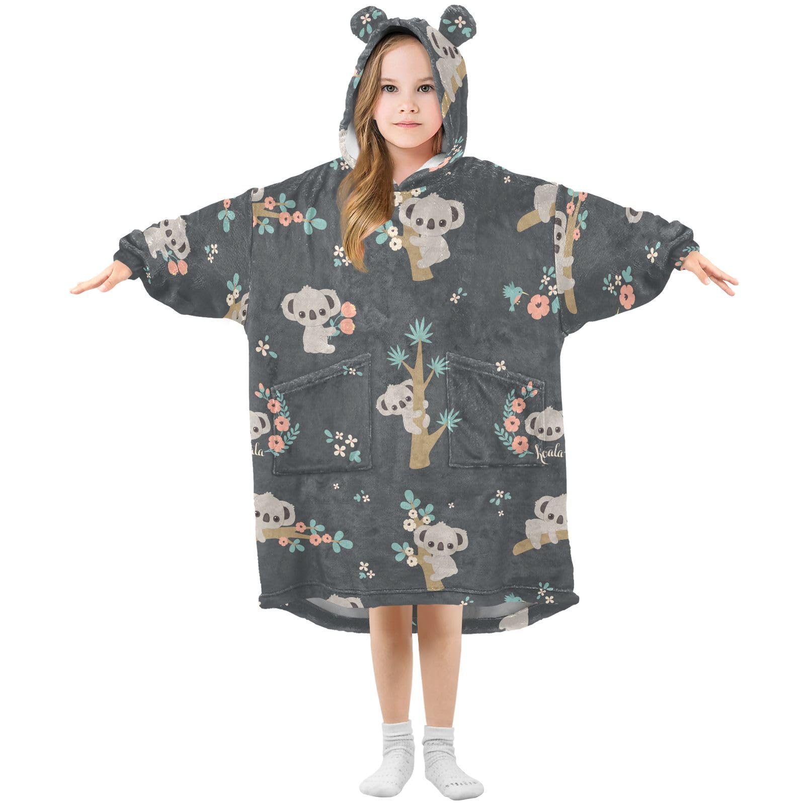 Cute Koala Wearable Blanket Hoodie Cute Koala Hooded Blanket Sweatshirt Comfy Blanket Gifts for Kids Girls,L