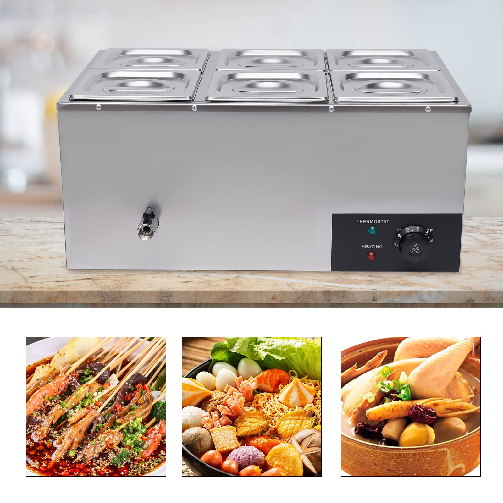 6 Pan Commercial Food Warmer Countertop with Lids, Electric Food Warmer Steam Table, 600W Professional Buffet Servers and Warmers Stainless Steel Buffet Bain Marie with 86-185°F Temp Control