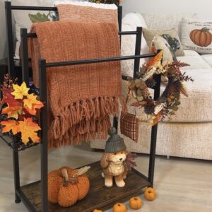 DolceNest 37.5" Blanket Rack Stand for Living Room - Quilt Racks Free Standing for Seasonal Decoration with Storage Basket & 3 Tier Towel Bar for Large Bathroom.