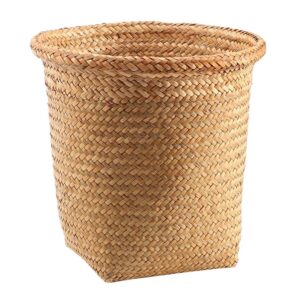 aboofan wicker waste basket straw woven trash can rustic garbage container bin flower basket for bathroom kitchen home office m