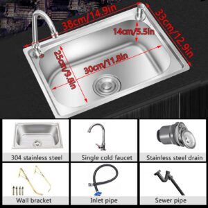 Stainless Steel Sink Wall Mount Commercial Hand Washing Station Prep Utility Kitchen & Bar Sinks Basin W/Gooseneck Faucet and Strainer for Home Garage Restaurant Laundry RV Bathroom Store