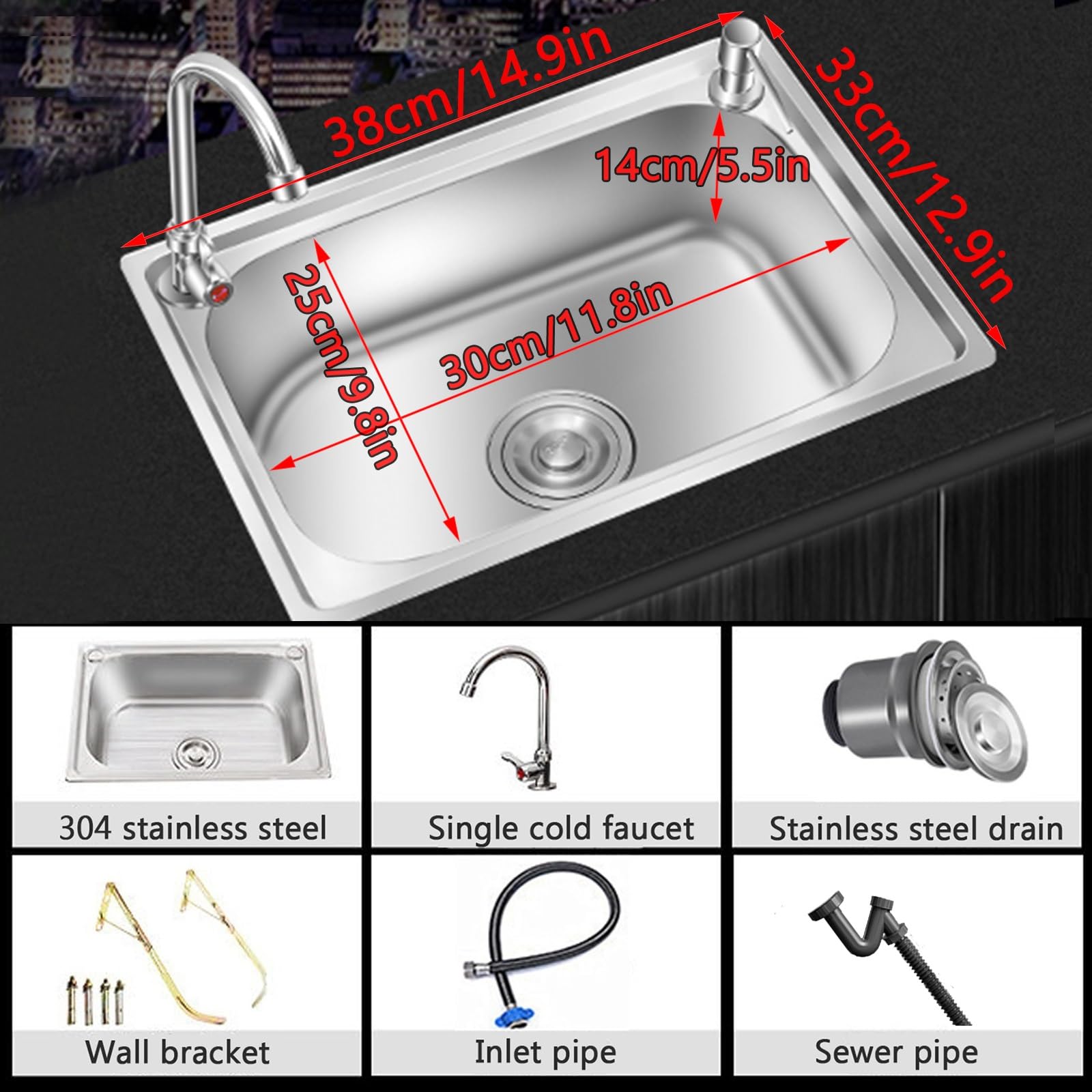 Stainless Steel Sink Wall Mount Commercial Hand Washing Station Prep Utility Kitchen & Bar Sinks Basin W/Gooseneck Faucet and Strainer for Home Garage Restaurant Laundry RV Bathroom Store