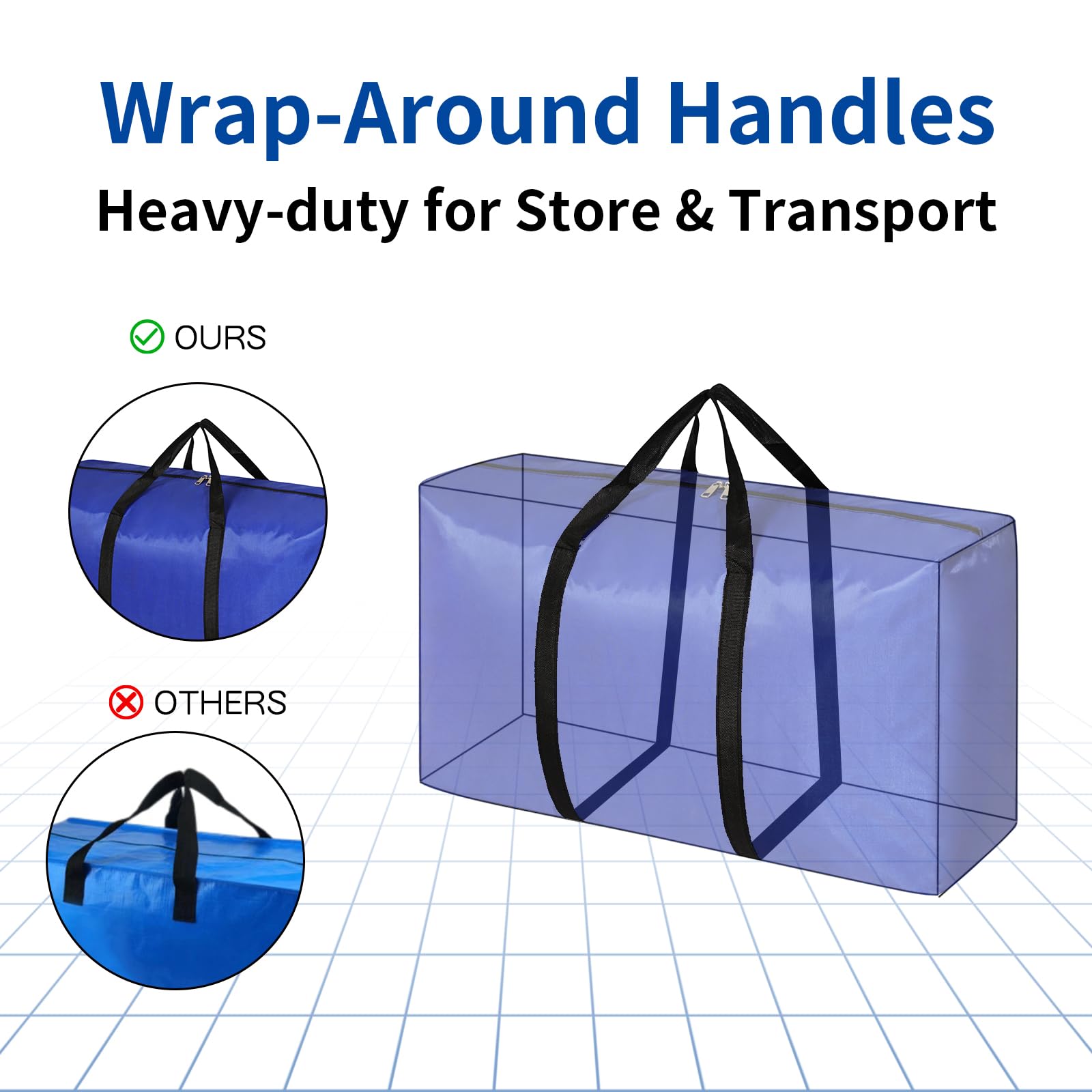 QINGXIANGZI Extra Large Moving Bags: 4 Pack Storage Totes - with Sturdy Zippers and Wrap-Around Handles for Moving Supplies and Space Saving - Blue