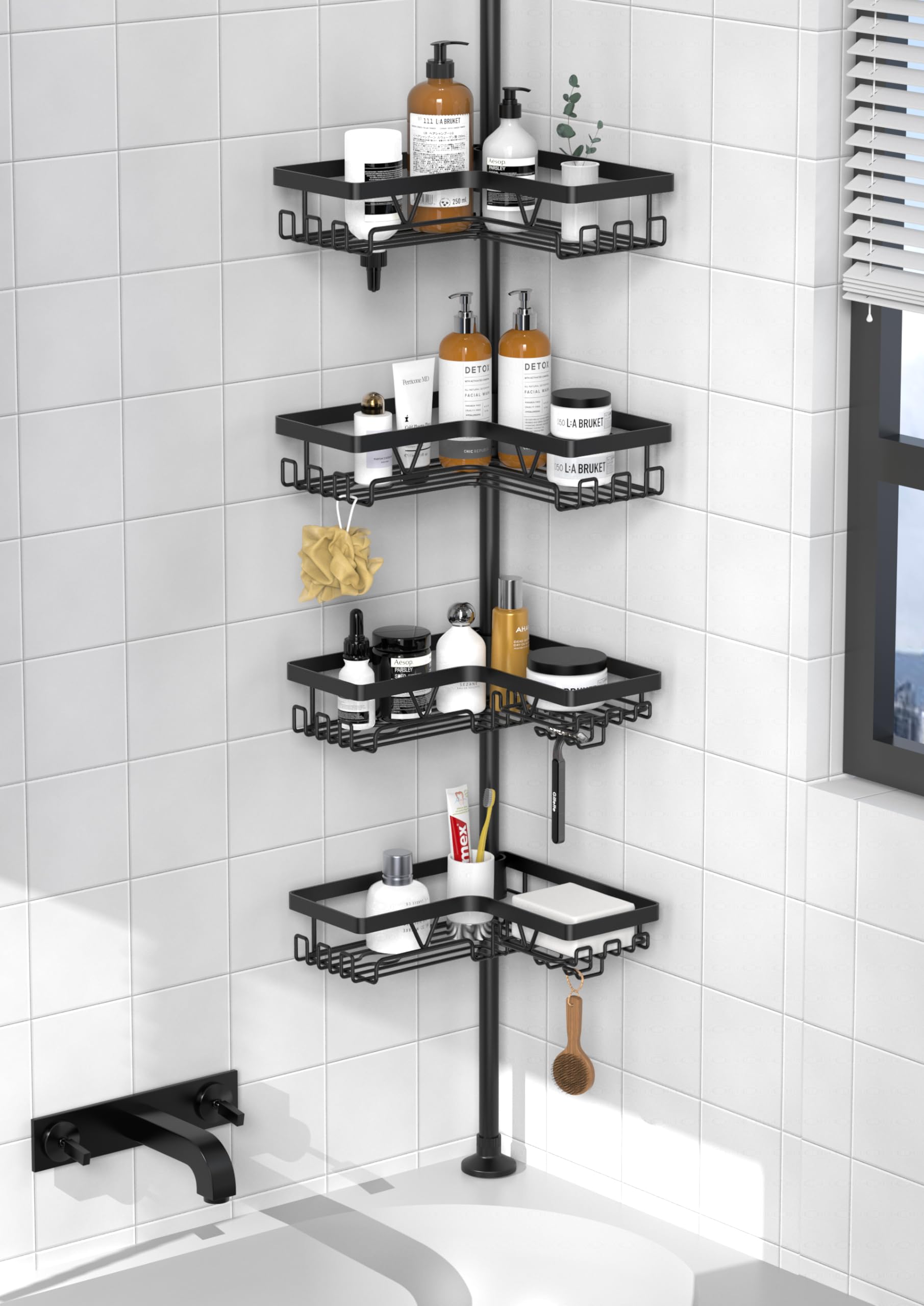 KEGII Corner Shower Caddy Tension Pole - Shower Tension Rod Organizer, Floor to Ceiling Shower Caddy 25-114.2 inch, Towel Rack Corner Waterproof, Black