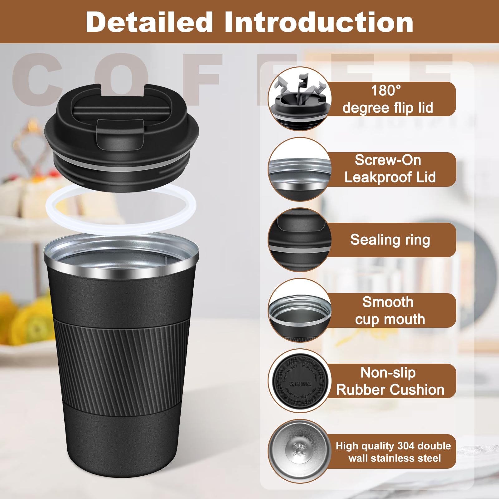 JTRYEMU Insulated Coffee Mug 12 oz Travel Coffee Mug with Lid Pill Proof, Stainless Steel Vacuum Thermal Thermos to GO Leakproof, Reusable Coffee Tumbler Cup for Men and Women Hot & Iced Drinks