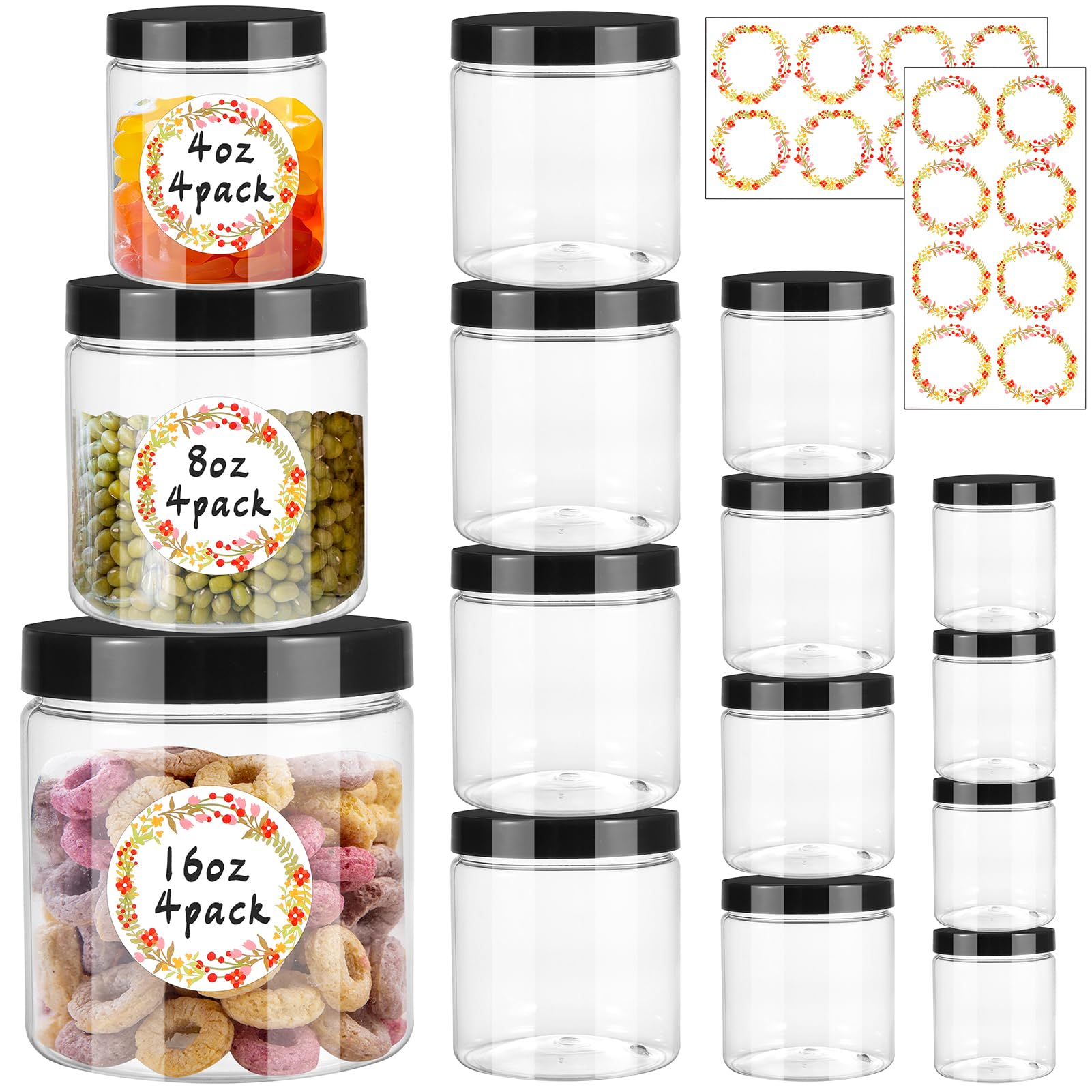 12pcs Plastic Jars with Lids 16 oz & 8 oz & 4 oz, Leakproof Storage Containers Clear Plastic Mason Jars for Peanut, Spice, Cookie, Candy and Dry Food Wedding Shower Party Favors