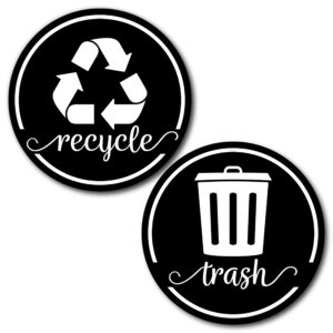 black trash recycle magnets for kitchen trash can and recycle bin, farmhouse garbage can logo symbol magnet, 3.5 inch recycle sticker for trash can with 4 adhesive stickers, made in usa, black 2 pack