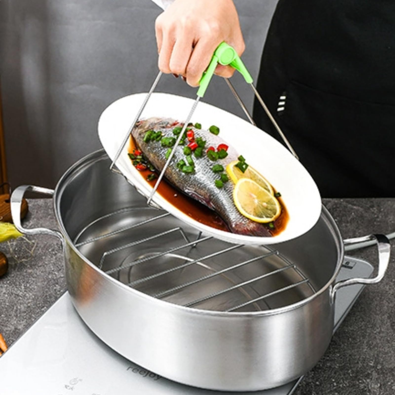 GOVNPJ Stainless Steel Fish Steamer, Fish Steamer for Cooking Multi-Use Oval Pasta Pot/Braiser with Rack, Ceramic Pan, Chuck, Stockpot for Steaming Fish, Boiling Soup