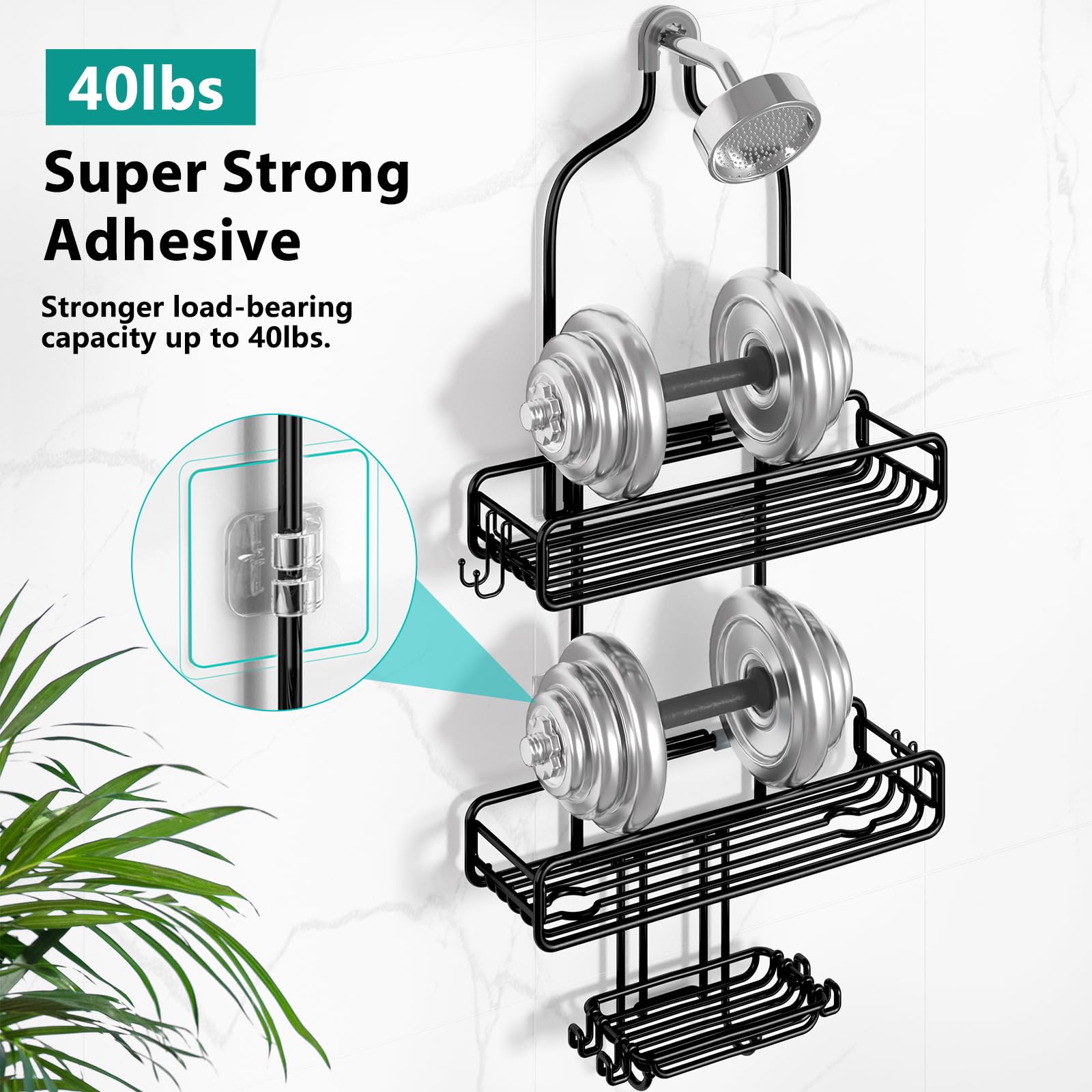 HAMITOR Hanging Shower Caddy Over Head : Adjustable Large Shower Organizer with Soap Holder - Rustproof Bathroom Shelf Shampoo Storage Rack - 4 Movable Hooks for Razor Loofah Black