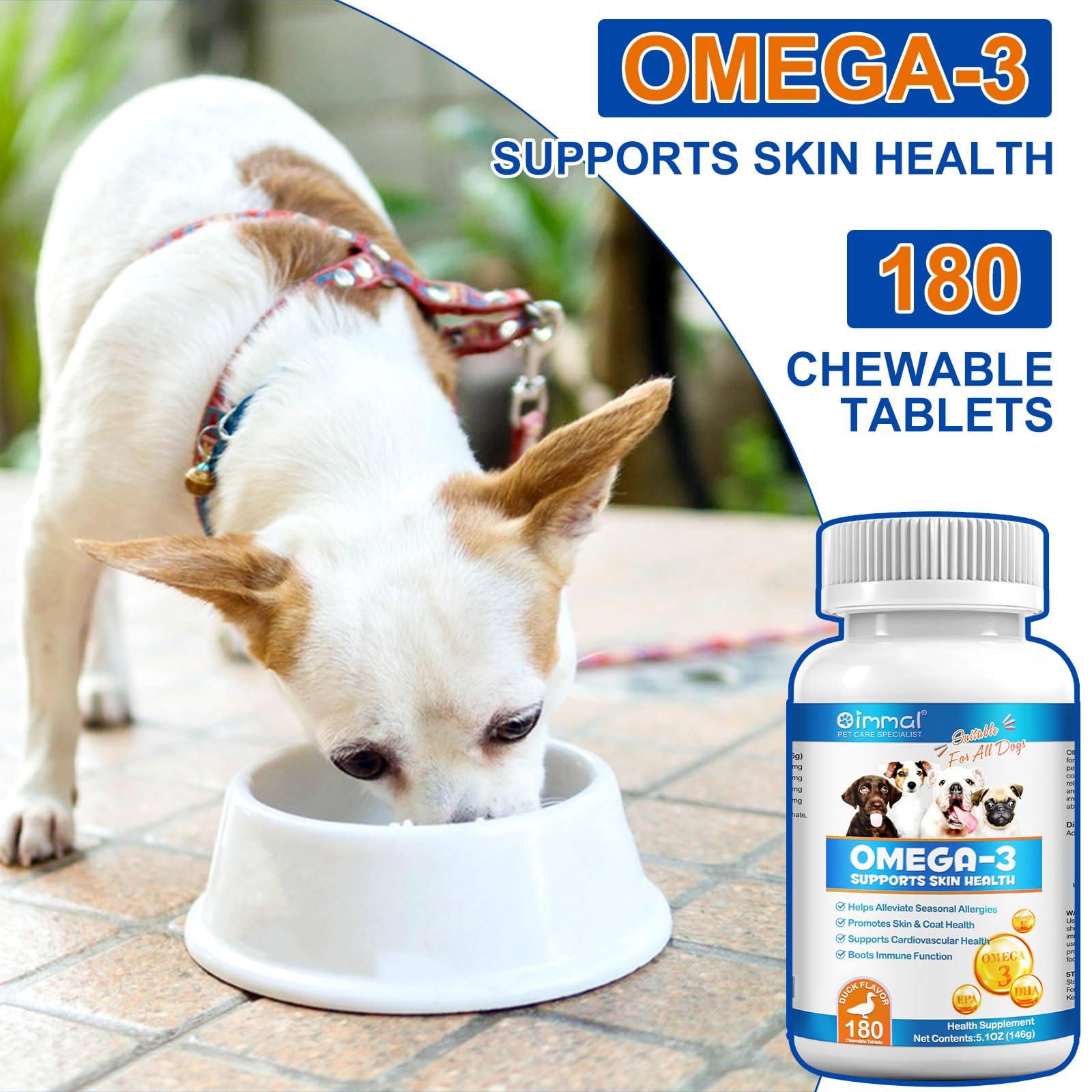 Omega 3 for Dogs, 180P Omega 3 Fish Oil Tablets for Dogs Supports Seasonal Allergies Relief, Itch Skin Relief & Promote Coat Health, Pet Dog Fish Supplements with Omega-3 6 9, Vitamin E - 180 Tablets