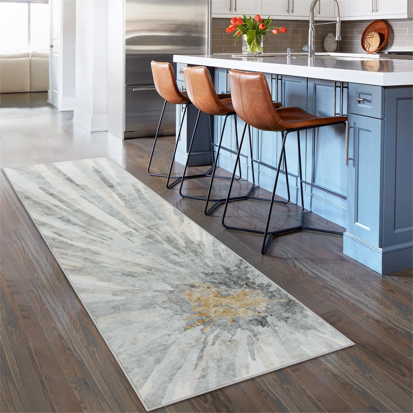 LIVEBOX Grey Kitchen Runner Rugs 2x6 ft Non Skid Washable Rug, Abstract Runner Rug for Kitchen Floor, Soft Low-Pile Modern Runner Carpet for Hallway