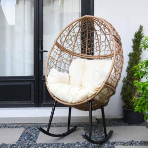 ZBLUXBZ Outdoor Rocking Egg Chair, Oversized Patio Egg Lounge Chairs with 6 inch Thick Cushion, All-Weather Wicker Basket Chair for Indoor, Outside (Beige)