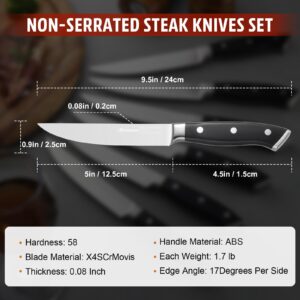 LAZIOPATER Steak Knives Set of 6, Non-Serrated Blades,5 inch Steak Knife, High Carbon Germany Stainless Steel, Premium 5" Kitchen Knives, Dishwasher Safe, with Gift Box, Black (4)