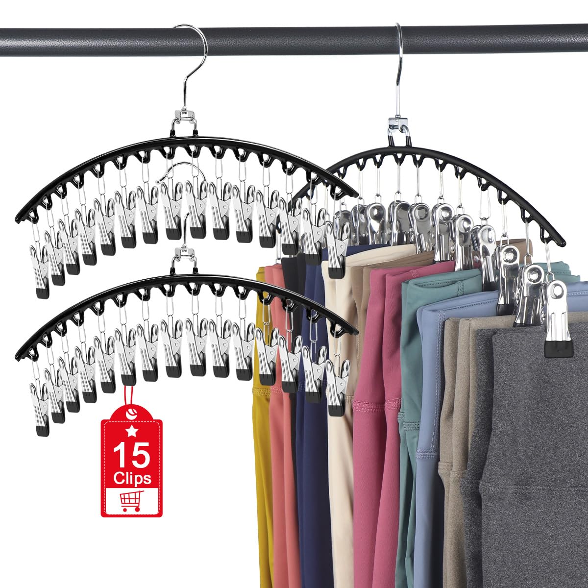 3Pack Legging Organizer for Closet, Metal Yoga Pants Hanger w/Rubber Coated 3 Pack w/15 Clips Hangers Space Saving Closet Organizers and Storage, Black