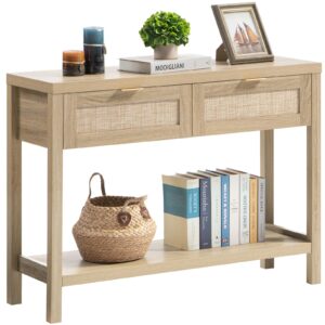 sicotas rattan console table for entryway - boho entryway table with storage and drawers, wood small entry table for hallway behind couch table sofa table, light oak