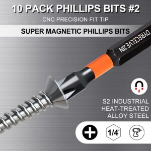 10-Pack Phillips Bits #2 Impact Magnetic 2 Phillips Bits- PH2 Bits Premium S2 Alloy Steel Phillips Head Drill Bits- Phillips Screwdriver Bits (2-Inch Long Phillips Bit Set) 1/4 Hex Shank Screw Bits