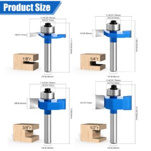 4PCS 1/4 Inch Shank Rabbet Router Bits with 6 Bearings Set (1/16", 1/8", 3/16", 1/4", 5/16", 3/8" Bearings) for Wood Grooving, Interchangeable Bearings with 1/2" to 1/4" Router Collet