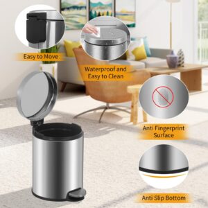 BLKMTY Trash Can Bathroom Trash Bin with Lid Waste Bin 6 L/1.6 Gallon Stainless Steel Garbage Can Round Portable Garbage Bin for Bathroom Office Bedroom Rubbish Bin Step-Open, Silver (2 Pack)