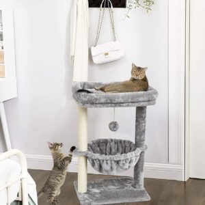 SYANDLVY Small Cat Tree for Indoor Cats, Activity Cat Tower with Scratching Post for Kittens, Cat Bed & Furniture with Basket & Hanging Ball for Play Rest