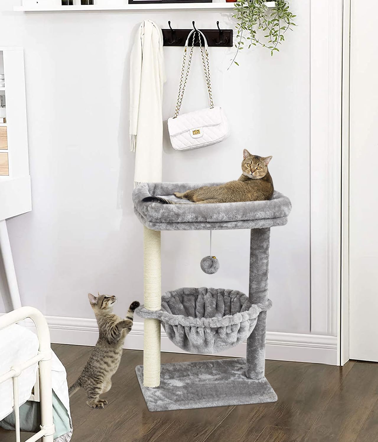 SYANDLVY Small Cat Tree for Indoor Cats, Activity Cat Tower with Scratching Post for Kittens, Cat Bed & Furniture with Basket & Hanging Ball for Play Rest