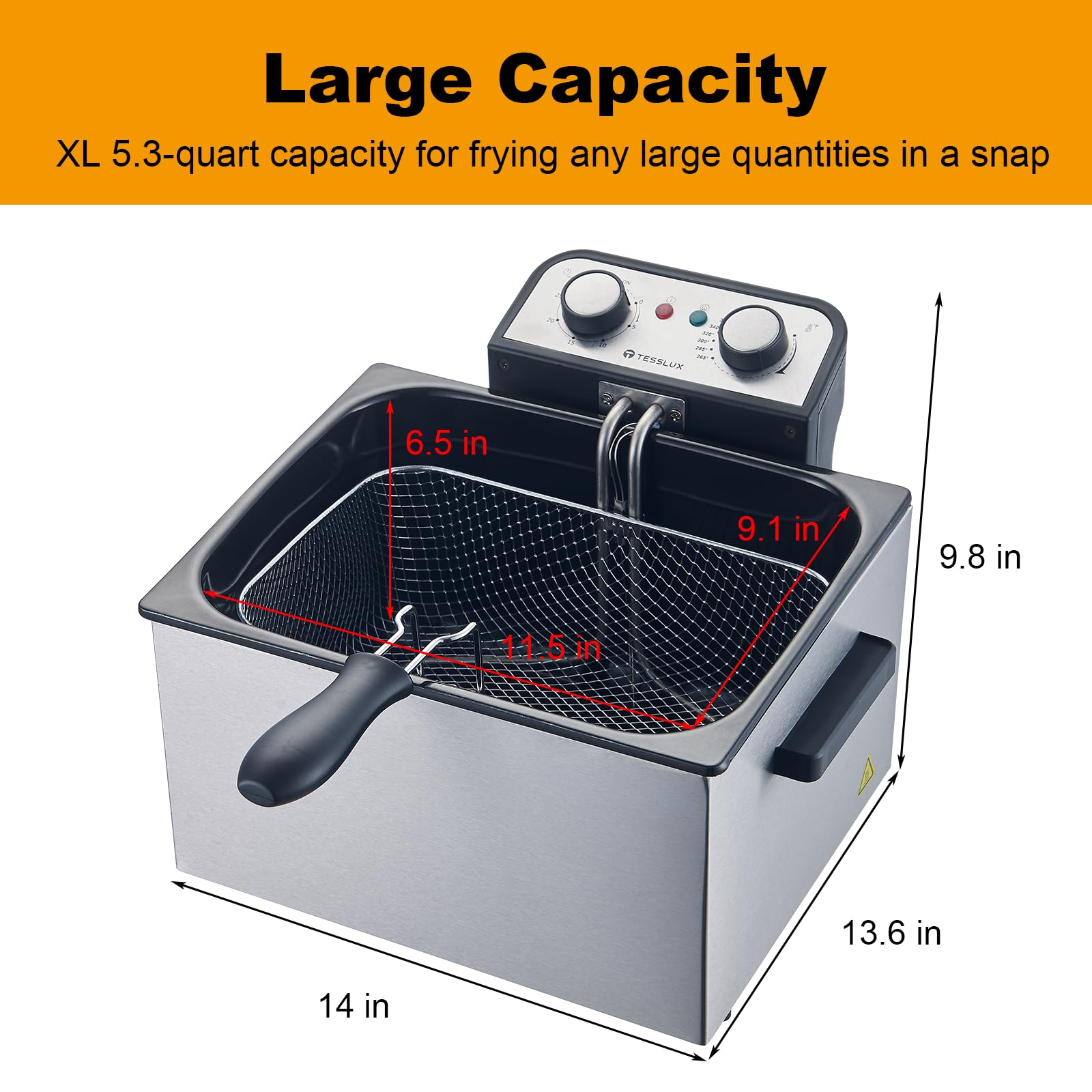 Tesslux Electric Deep Fryer with Basket for Home Use, Lid with Viewing Window and Odorless Filter, Adjustable Temperature, 5.3 Quart, Stainless Steel