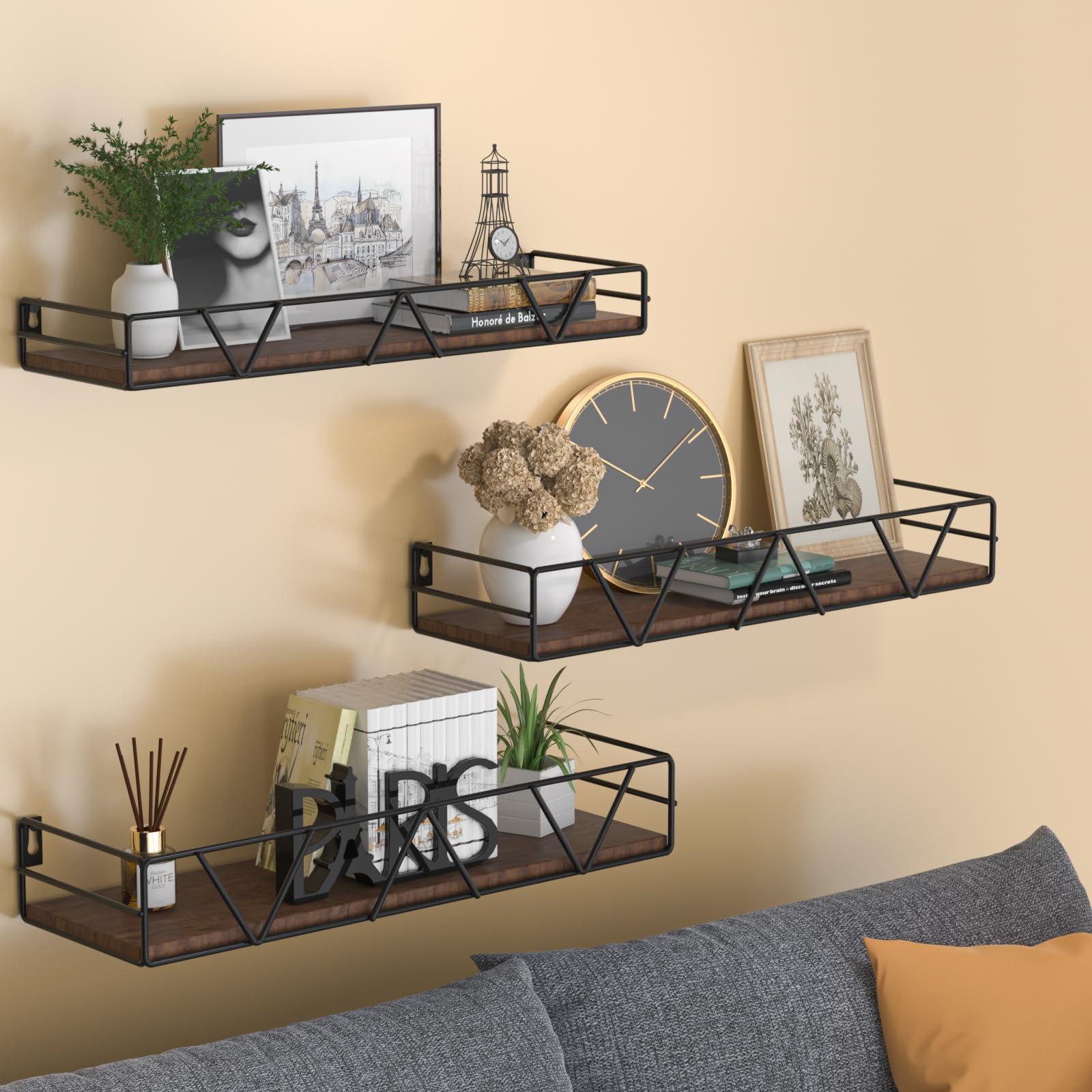 Amaoot Floating Shelves Set of 3, Home Wood Wall Shelf, Farmhouse Shelf for Bedroom, Wall Mounted Floating Shelf for Living Room, Bedroom, Bathroom, Kitchen, Office (Black)