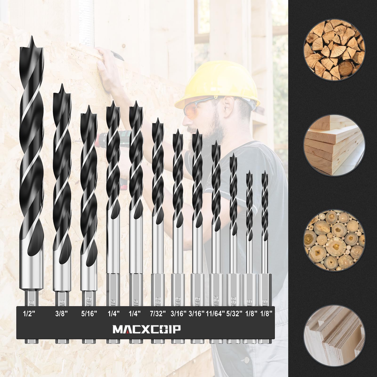 Brad Point Wood Drill Bit Set, 12Pcs Hex Shank Drill Bit Set with Double Flutes Design for Carpenter Woodworking and All Types of Wood (1/8" - 1/2")