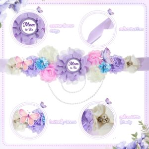 Riceshoot Butterfly Theme Maternity Flower Sash and Corsage Set Pink Purple Baby Shower Decorations Mom to Be Dad to Be Pin with Headband Wristband for Baby Shower Gender Reveal Party Gifts (Purple)