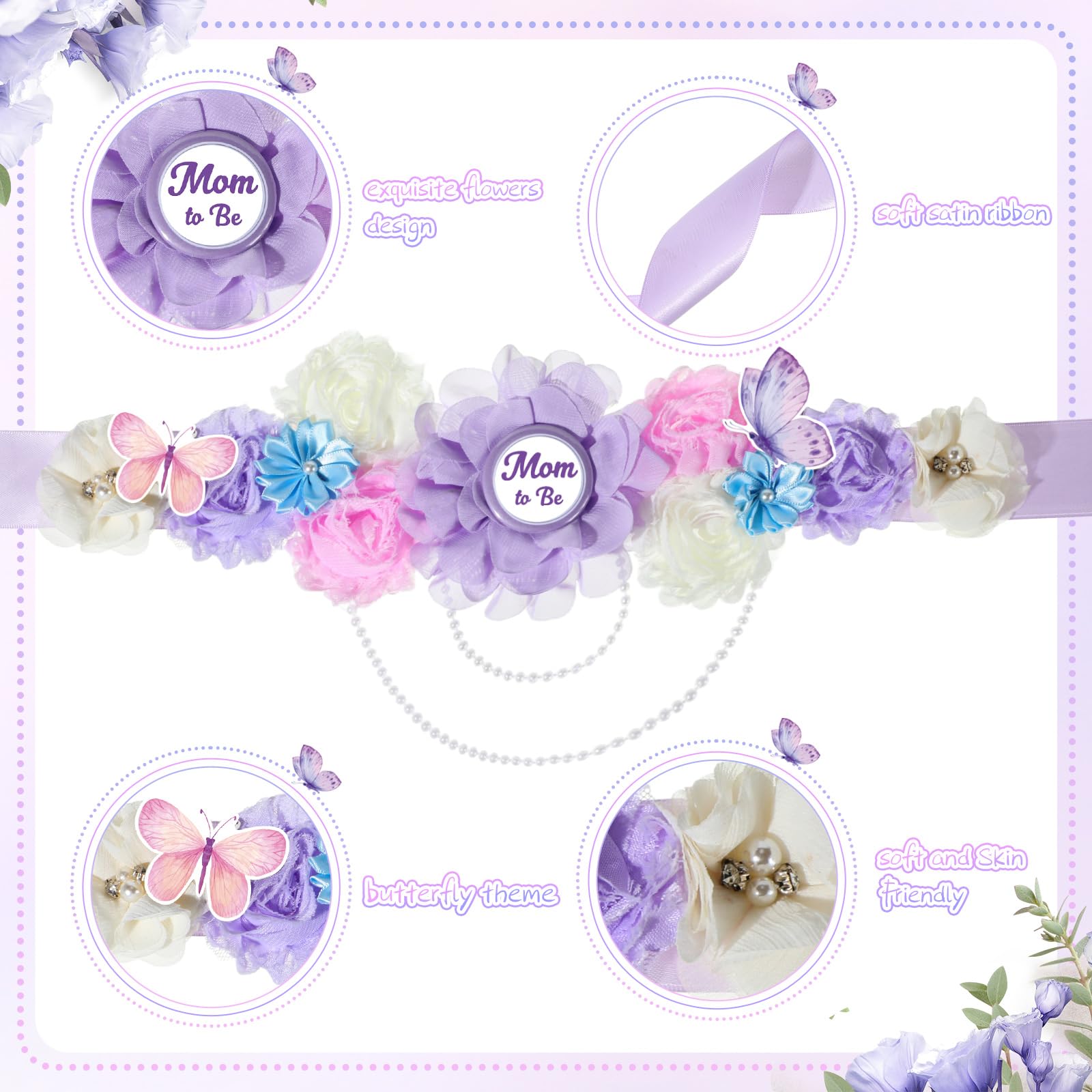 Riceshoot Butterfly Theme Maternity Flower Sash and Corsage Set Pink Purple Baby Shower Decorations Mom to Be Dad to Be Pin with Headband Wristband for Baby Shower Gender Reveal Party Gifts (Purple)