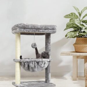 SYANDLVY Small Cat Tree for Indoor Cats, Activity Cat Tower with Scratching Post for Kittens, Cat Bed & Furniture with Basket & Hanging Ball for Play Rest