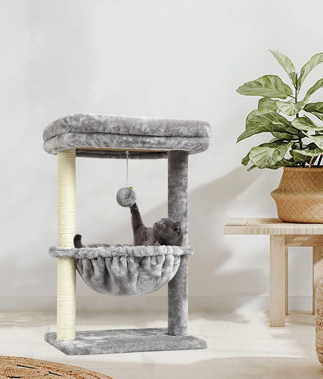 SYANDLVY Small Cat Tree for Indoor Cats, Activity Cat Tower with Scratching Post for Kittens, Cat Bed & Furniture with Basket & Hanging Ball for Play Rest